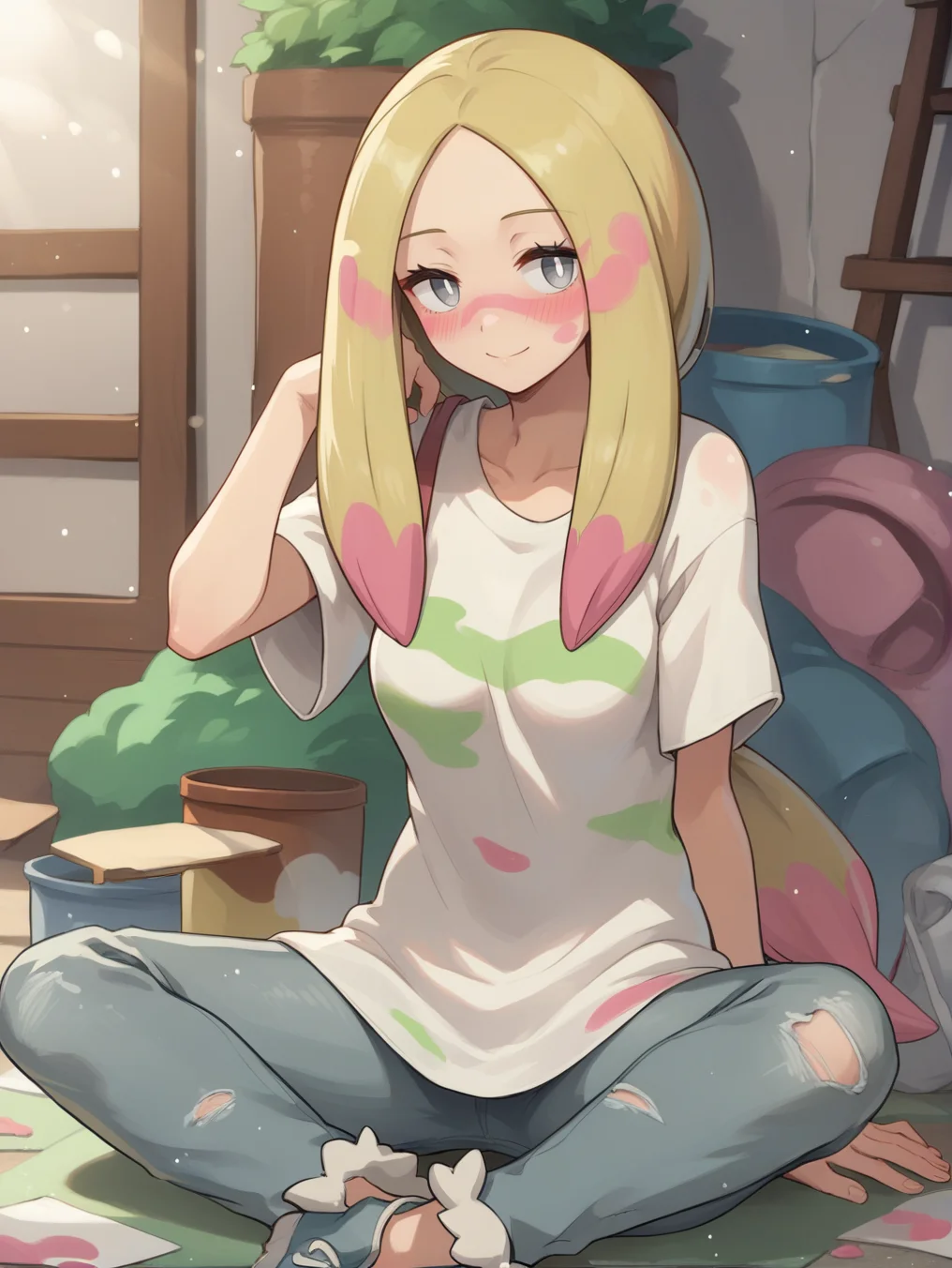 score_9,score_8_up,score_7_up,score_6_up,rating_explicit,source_anime BREAK
1girl, mina (pokemon), blonde hair, long hair, facepaint, multicolored_hair, grey eyes, eyelashes, parted bangs, medium breasts, white pupils, low ponytail, sidelocks
denim, pants, torn pants, blush, oversized shirt, paint, bodypaint, sitting,
smile, bokeh, light particles
indoors,
<lora:mina_v1_0:0.8>