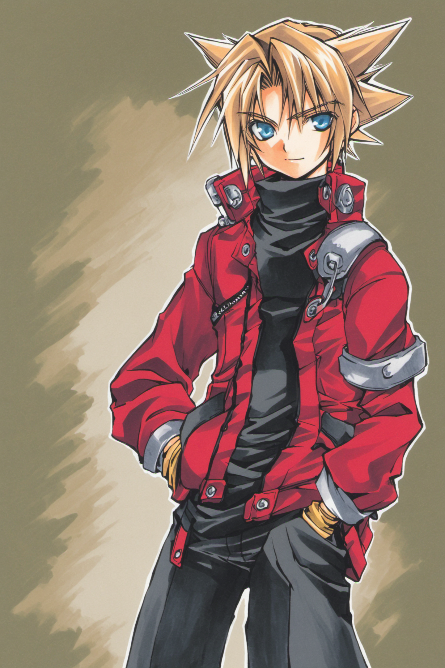 Coud Van Giruet,1boy,solo,male focus,gloves,fingerless gloves,spiked hair,blue eyes,pants,cloud strife,marker_(medium),hand in pocket,<lora:Azuma Mayumi_XL:0.8>,