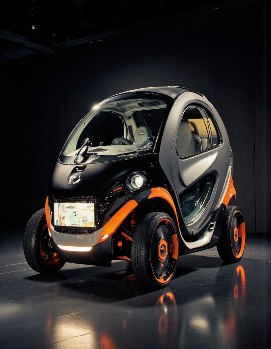 futuristic design. A photo-realistic shoot from a front camera angle about a futuristic, small, gray and orange car with a sleek design. the car is positioned in the middle of the image, with its sleek and modern design standing out against the dark background. the vehicle has a large, clear windshield that allows the driver to see the interior of the car, with a touch screen display that shows the car's features such as the steering wheel, dashboard, and gear shift. the front of the vehicle is adorned with orange accents, and the car has four large, black wheels with orange rims, giving it a sporty and futuristic look. the lighting is dim, casting a soft glow on the car and highlighting its sleek design, making it stand out in the dark environment. the image also shows a reflective floor, adding to the overall sense of depth and dimensionality.