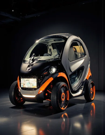 futuristic design. A photo-realistic shoot from a front camera angle about a futuristic, small, gray and orange car with a sleek design. the car is positioned in the middle of the image, with its sleek and modern design standing out against the dark background. the vehicle has a large, clear windshield that allows the driver to see the interior of the car, with a touch screen display that shows the car's features such as the steering wheel, dashboard, and gear shift. the front of the vehicle is adorned with orange accents, and the car has four large, black wheels with orange rims, giving it a sporty and futuristic look. the lighting is dim, casting a soft glow on the car and highlighting its sleek design, making it stand out in the dark environment. the image also shows a reflective floor, adding to the overall sense of depth and dimensionality.
