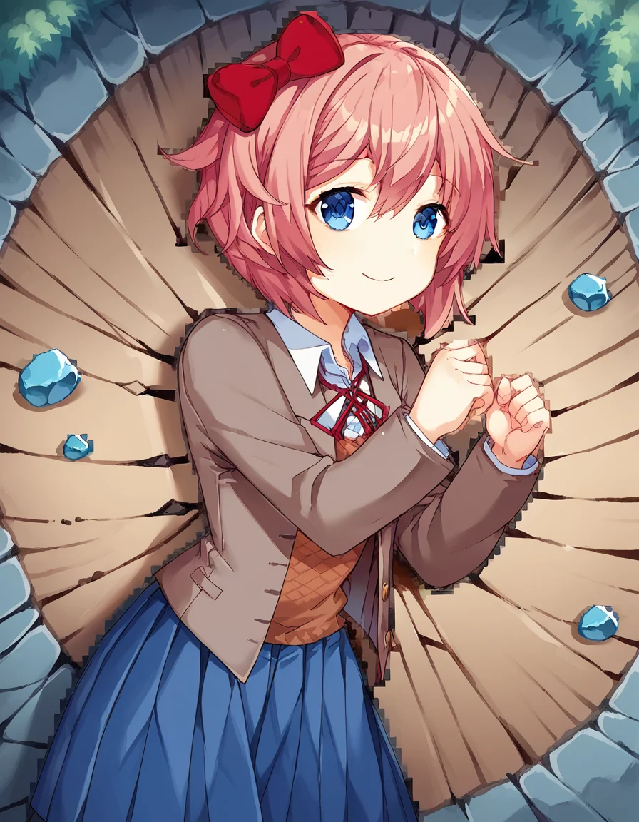 score_9, score_8_up, score_7_up, source_anime, <lora:ddlc-sayori-ingame-ponyxl-lora-nochekaiser:1>, sayori, blue eyes, hair between eyes, hair bow, hair ornament, pink hair, red bow, short hair,, blue skirt, pleated skirt, school uniform, skirt, brown jacket, jacket,, stream, water, rocks, flow, forest, smile, <lora:yamcha-pose-ponyxl-lora-nochekaiser:1> yamcha pose, yamcha pose (meme), crater, meme, on side, defeat, lying, on ground, on floor,, looking at viewer, solo,, dutch angle, cowboy shot