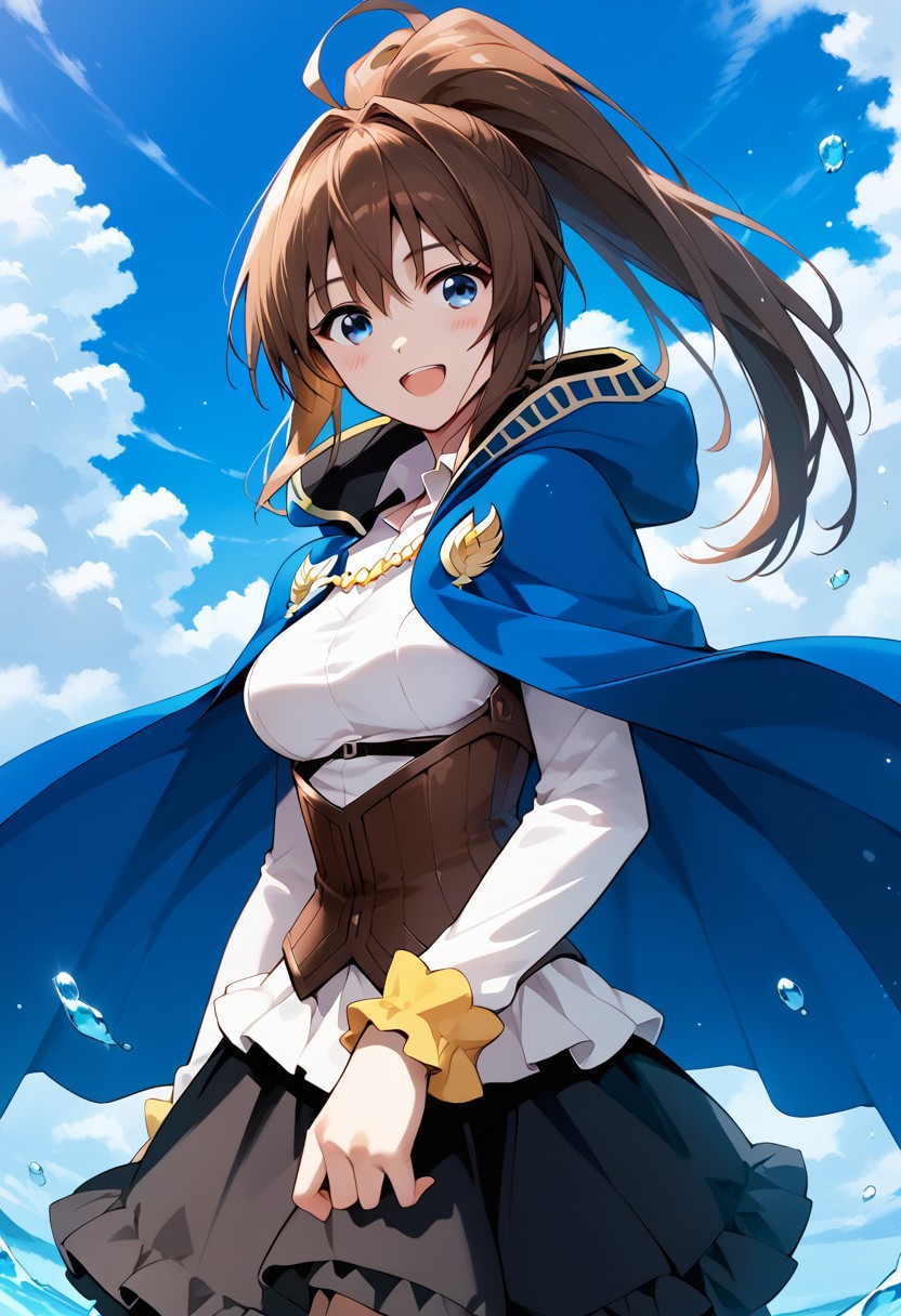 score_9,score_8_up,score_7_up,source_anime, Rin Azuma,1girl,solo,long hair,breasts,looking at viewer,blush,smile,open mouth,blue eyes,skirt,brown hair,dress,medium breasts,ponytail,:d,sky,day,cloud,cape,blue sky,corset,blue cape,