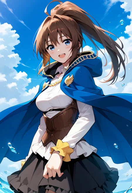 score_9,score_8_up,score_7_up,source_anime, Rin Azuma,1girl,solo,long hair,breasts,looking at viewer,blush,smile,open mouth,blue eyes,skirt,brown hair,dress,medium breasts,ponytail,:d,sky,day,cloud,cape,blue sky,corset,blue cape,