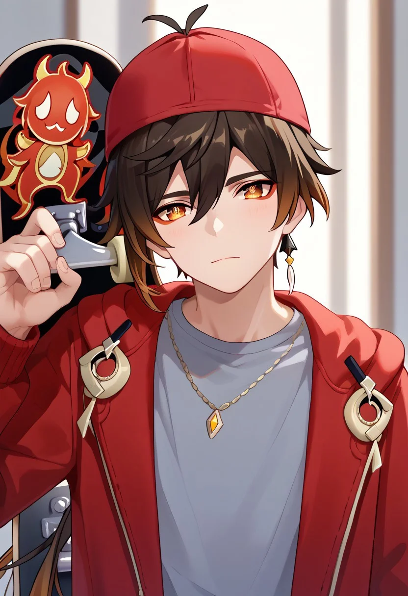 score_9, score_8_up, score_7_up, 1boy, holding skateboard, upper body, red jacket, red headwear, hood, <lora:HowDoYouDoFellowKidsMeme_pdxl_Incrs_v1:1>, zhongli, brown hair, low ponytail, yellow eyes, red eyeliner