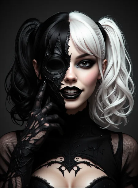 highly stylized digital artwork depicting a woman with a striking, asymmetrical appearance. She has long, wavy hair that is divided into two distinct sections: one side is bright white, while the other is jet black. Her hair is styled into high pigtails, secured with black hair ties. Her makeup is equally bold, with thick black eyeliner, dark eyeshadow, and black lipstick that gives her a sinister, clown-like appearance. She has a wide, mischievous grin, revealing sharp, pointed teeth. Her right hand, which is partially visible, is adorned with a black lace glove that adds to the eerie, gothic aesthetic. The left side of her face is covered in a black mask, while the right side is exposed, showing her natural skin tone. The background is a gradient of dark tones, enhancing the contrast between the light and dark sections of her face. The overall style is dark and moody, with a focus on contrast and asymmetry, giving the image a haunting, surreal quality. The textures are smooth, with a polished, almost hyper-realistic finish, typical of high-quality digital art., aidmaimageupgrader, aidmamj6.1,