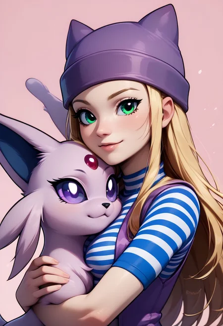 score_9, score_8_up, score_8, medium breasts, (curvy), cute, eyelashes, rating_safe,
BREAK,
zzIzumi, perfect, green eyes, blonde hair, long hair, purple vest, striped shirt, hat,
BREAK,
girl holding Espeon, hug,
furry, female, Espeon, human and feral, girl and Espeon,
zPDXL,