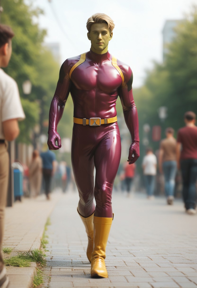 score_9, score_8_up, score_7_up, green face, mature, adult male, colored skin, superhero, latex, short blonde hair male, ((magenta bodysuit)), fuchsia superhero, yellow belt, yellow boots, walking, depth of field, 32k UHD resolution, best quality, high quality, full body