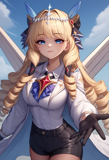 score_9, score_8_up, score_7_up, source_anime, 1girl, beckoning, reaching towards viewer, <lora:Beckoning_XLPD:1>, seductive smile, <lora:crown-nikke-richy-v1_pdxl:0.8> nikkecrwn, blonde hair, long hair, drill hair, tiara, hair ornament, headgear, blue eyes, white jacket, white shirt, brooch, center frills, black shorts, high-waist shorts, gloves, wings, fishnet pantyhose