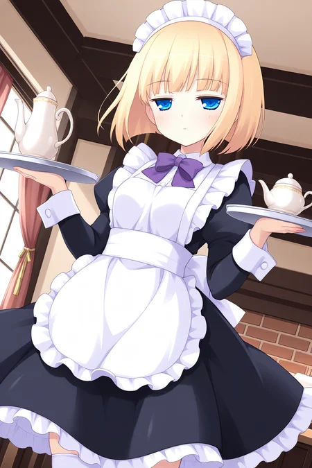 masterpiece, best quality, absurdres, official art, official style, rating general BREAK,
<lora:iriswindsor_IL_v1-2:0.7>, iris windsor, 1girl, solo, blue eyes, blonde hair, short hair, blunt bangs, bob cut, small breasts,
maid headdress, maid, black dress, frilled dress, juliet sleeves, wrist cuffs, purple bowtie, maid apron, frilled apron, zettai ryouiki, white thighhighs, jitome, blush, expressionless, standing, dutch angle, looking at viewer, solo focus, multiple girls, multiple boys, indoors, teacup, tray, cup, holding tray, holding teapot, window, food, table, wind, curtains, wind lift, brown hair, ceiling, cafeteria