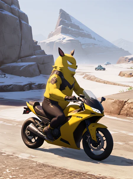 palworld-grizzbolt, pokemon, <lora:palworld_grizzbolt_xl_v1-000019:0.85>, furry male, yellow skin, (pot belly:1.2), face an audience, lighting tatto,
(riding motorcycle:1.5), solo, ground vehicle, motor vehicle, gloves, jacket, looking at viewer, (helmet), black jacket, long sleeves, (wedgie:1.3), outdoors, beautiful landscape, road, snow mountain, winter, cropped jacket, (ultra detailed perfect piece:1.2), illustration, masterpiece, (extremely detailed CG 8k), (very fine 8K CG), cyberpunk style, cyberpunk, city