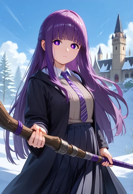 score_9, score_8_up, score_7_up, highest quality, extremely detailed, 4k, 8k, amazing quality, masterpiece, BREAK,
Expressiveh, BREAK,
mature female, slim waist, shiny skin, Fern_(Sousou_no_Frieren), long hair, bangs, purple eyes, purple hair, sidelocks, blunt bangs, bright pupils, half updo, small breasts, hogwarts school uniform, black robe, necktie, striped necktie, collared shirt, sweater, pleated skirt, grey sweater,
expressive eyes, perfect face, looking at viewer, blushed, cute face, 1girl, solo, cowboy shot, dynamic pose, fighting pose, staff, holding staff,
BREAK,
castle, yard, outdoors, snow,