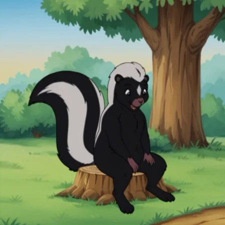 score_9, score_8_up, score_7_up, score_6_up, score_5_up, score_4_up, source_furry, skunkfrnkln, semi-anthro, female, skunk, black fur, outside, sitting, on a tree stump, in a field,
