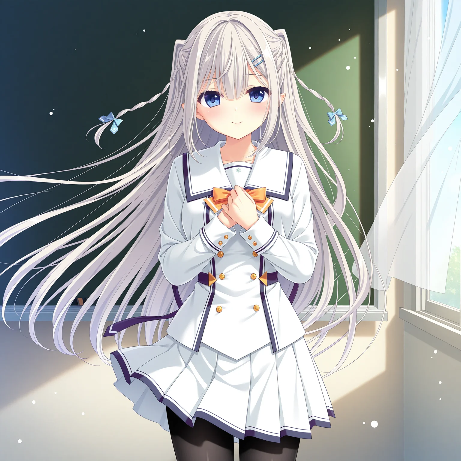 <lora:Sakuragi_Mizuha_1_nai-000045:1>,Sakuragi Mizuha,hairclip,
two side up,twin braids,hair bow,blue bow,school uniform,black pantyhose,pleated skirt,long sleeves,white skirt,miniskirt,white jacket,white sailor collar,waist ribbon,purple ribbon,orange bowtie,
BREAK
1girl,solo,smile,standing,straight-on,looking at viewer,front view,curtains,window,wind,day,classroom,chalkboard,own hands together,hands on own chest,floating hair,
