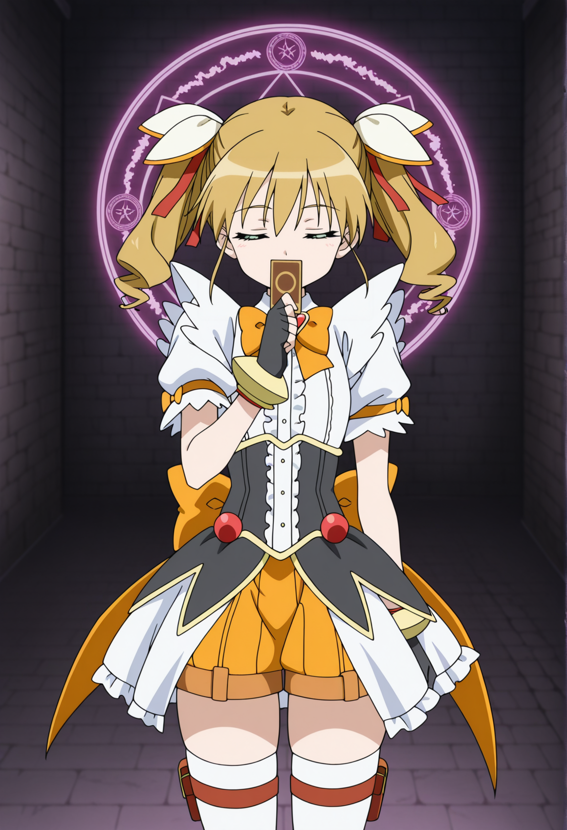 anime coloring, anime screencap, 1girl, blonde hair, green eyes, twintails, curly hair, white ribbon, dress, magical girl, frills, bracelet, fingerless gloves, indoors, dungeon, holding card,  casting spell, magic circle, closed eyes, wind, thighhighs, standing cowboy shot, <lora:becky_dd:1>, masterpiece, best quality, amazing quality, very aesthetic, absurdres, highres, newest