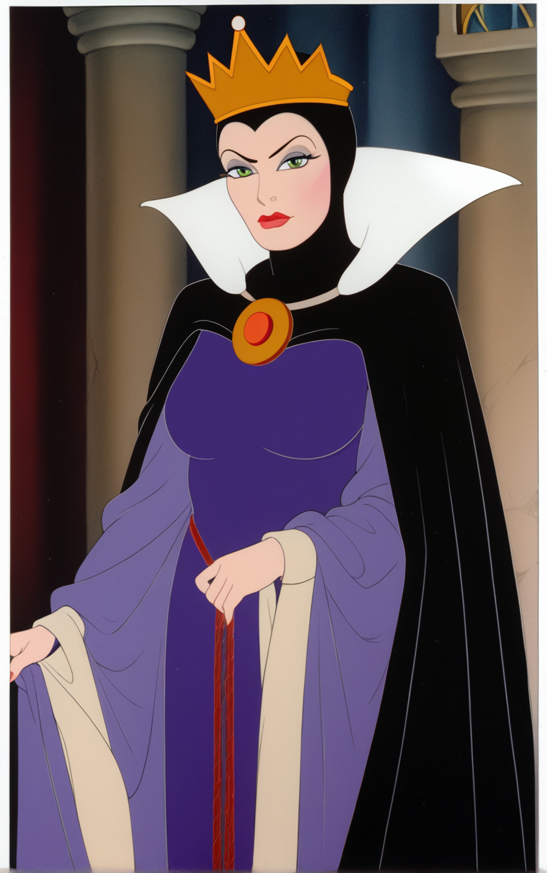 score_9, score_8_up, score_7_up, looking at viewer,  BREAK
Dress_QueenGrimhilde_ownwaifu,
1girl, crown,  makeup, lipstick, red lips,  green eyes,  eyeshadow, breasts,
red rope, rope belt, cape, dress, long sleeves, brooch, gem, robe, wide sleeves, purple dress, purple cape,  jewelry, high collar, silk,
(portrait, head tilt, looking at viewer), white border, bokeh, <lora:PONYXL_SnowWhite_QueenGrimhilde_ownwaifu:0.8>, solo,
