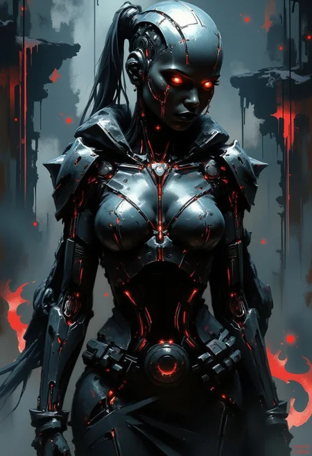 silhouette art, a robotic cyberpunk female warrior, titanium and chrome, robot wires and circuitry, robot joints, glowing lights, silhouetted, chiascuro, red glowing eyes, abstract dark cyberpunk background