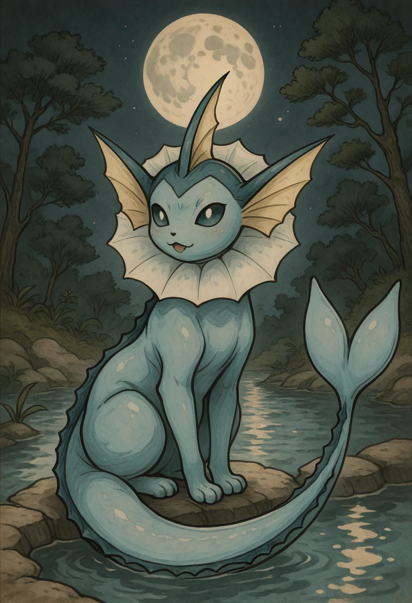 masterpiece, best quality, y0k4i, moon, trees, night, Vaporeon, sitting, <lora:YokaiPokedex_IXL:1.0>,