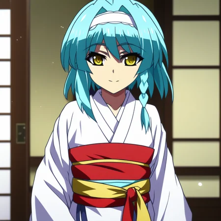 score_9, score_8_up, score_7_up, source_anime, NonakaYuki, 1girl, solo, closed mouth, light smile, blush, aqua hair, yellow eyes, side braid, YukiWedding, japanese clothes, (hood:1.2), white kimono, red sash, standing, looking at the viewer, indoors