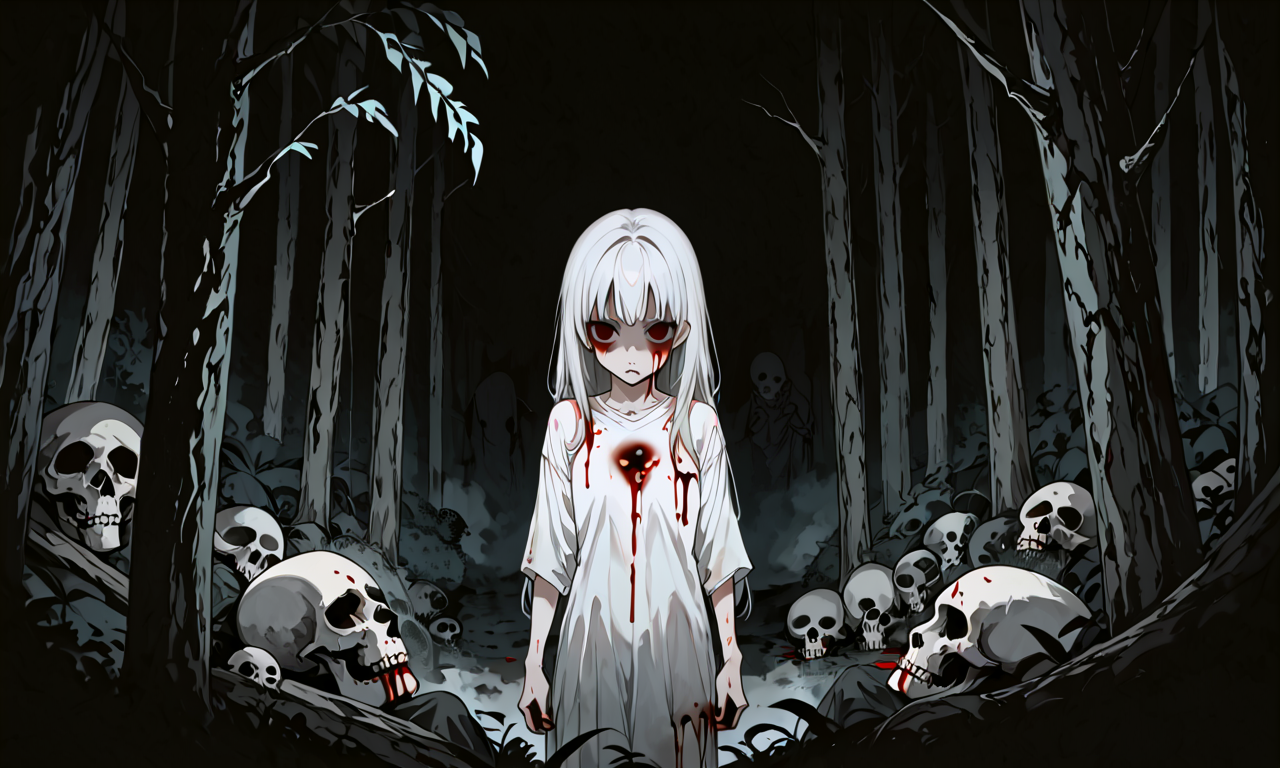 score_9, score_8_up, score_7_up, score_6_up, source_anime, BREAK 1girl, long hair, white hair, empty eyes, standing, closed mouth, blood, blood on face, skull, corpse, skull, blood on clothes, forest, night, horrorStylez