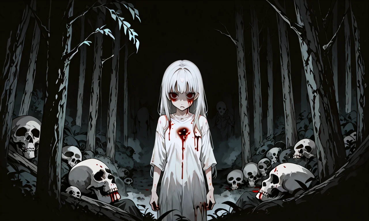 score_9, score_8_up, score_7_up, score_6_up, source_anime, BREAK 1girl, long hair, white hair, empty eyes, standing, closed mouth, blood, blood on face, skull, corpse, skull, blood on clothes, forest, night, horrorStylez