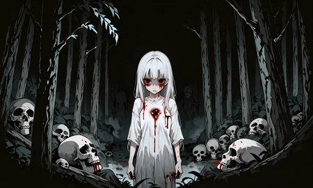 score_9, score_8_up, score_7_up, score_6_up, source_anime, BREAK 1girl, long hair, white hair, empty eyes, standing, closed mouth, blood, blood on face, skull, corpse, skull, blood on clothes, forest, night, horrorStylez