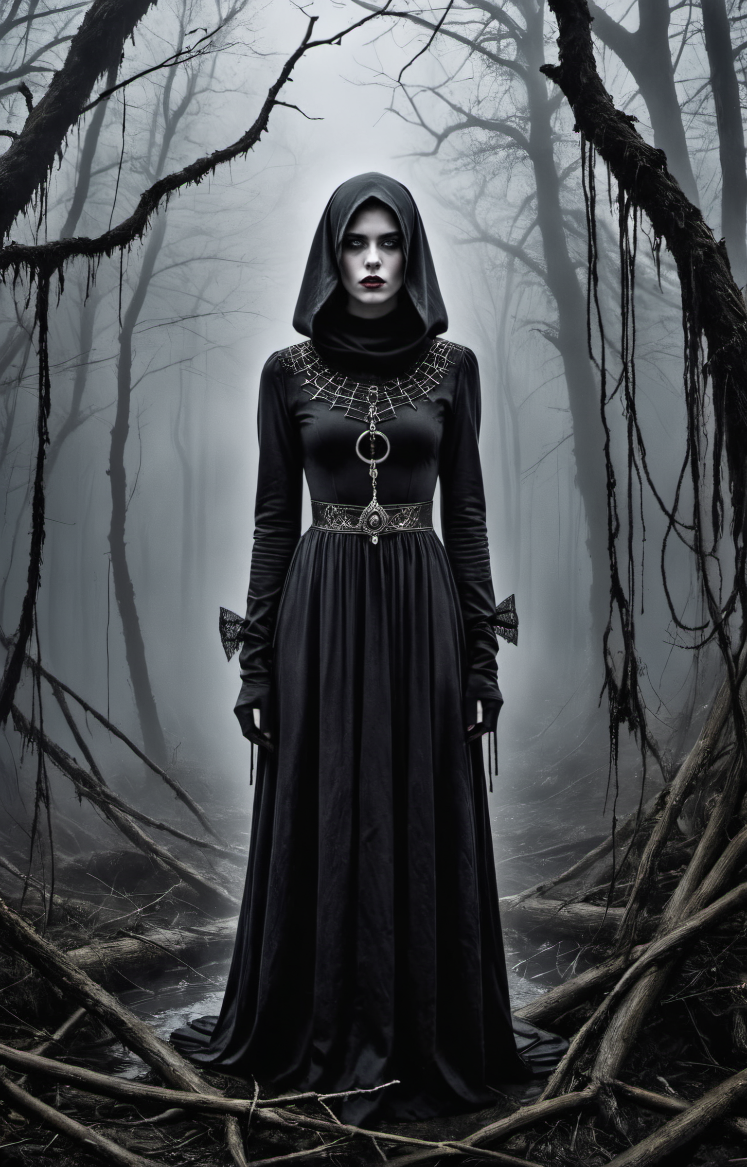 Horror-themed create an award-winning photograph of a young woman exploring an original and unconventional theme that captivates and amazes the viewer.  Push boundaries of traditional concepts,infusing the image with creativity and wonder,leaving a lasting impression on those who behold it.,absurdres,intricately detailed,32K, . Eerie, unsettling, dark, spooky, suspenseful, grim, highly detailed