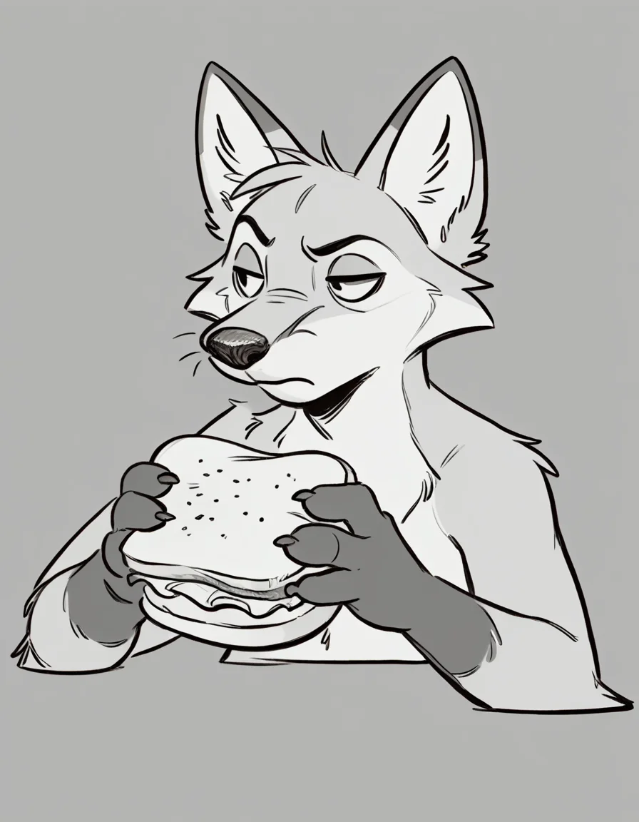 furry fox eating a sandwich, relaxed expression, full mouth, sandwich in hand, bored,
source_furry,
<lora:GrayCove:0.5> monochrome, furry <lora:Tritscrits_Style_PonyXL:1> tr1tscr1ts <lora:kb0g_1.0Pony:0.8>, score_9, score_8_up, score_7_up, score_6_up, score_5_up,