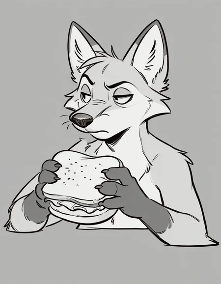 furry fox eating a sandwich, relaxed expression, full mouth,  sandwich in hand, bored, 
source_furry, 
 <lora:GrayCove:0.5> monochrome, furry <lora:Tritscrits_Style_PonyXL:1> tr1tscr1ts <lora:kb0g_1.0Pony:0.8>, score_9, score_8_up, score_7_up, score_6_up, score_5_up,