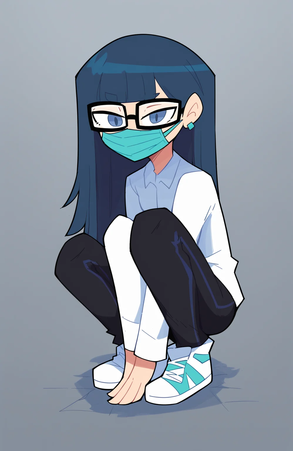score_9, score_8_up, score_7_up, score_6_up, score_5_up, score_4_up, BREAK
1girl, solo, glasses, shoes, long hair, squatting, pants, long sleeves, sneakers, grey background, black pants, jewelry, simple background, earrings, blue eyes, bangs, shirt, grey eyes, white footwear, looking down, looking at viewer, mouth mask, white shirt
<lora:miscon_ponyxl:1>