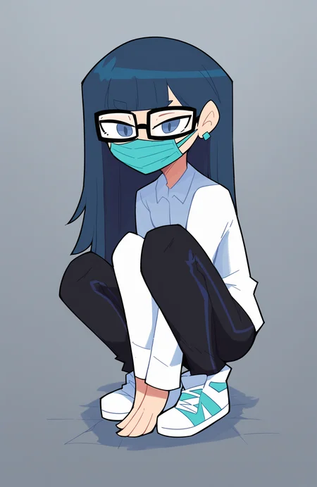 score_9, score_8_up, score_7_up, score_6_up, score_5_up, score_4_up, BREAK
1girl, solo, glasses, shoes, long hair, squatting, pants, long sleeves, sneakers, grey background, black pants, jewelry, simple background, earrings, blue eyes, bangs, shirt, grey eyes, white footwear, looking down, looking at viewer, mouth mask, white shirt
 <lora:miscon_ponyxl:1>