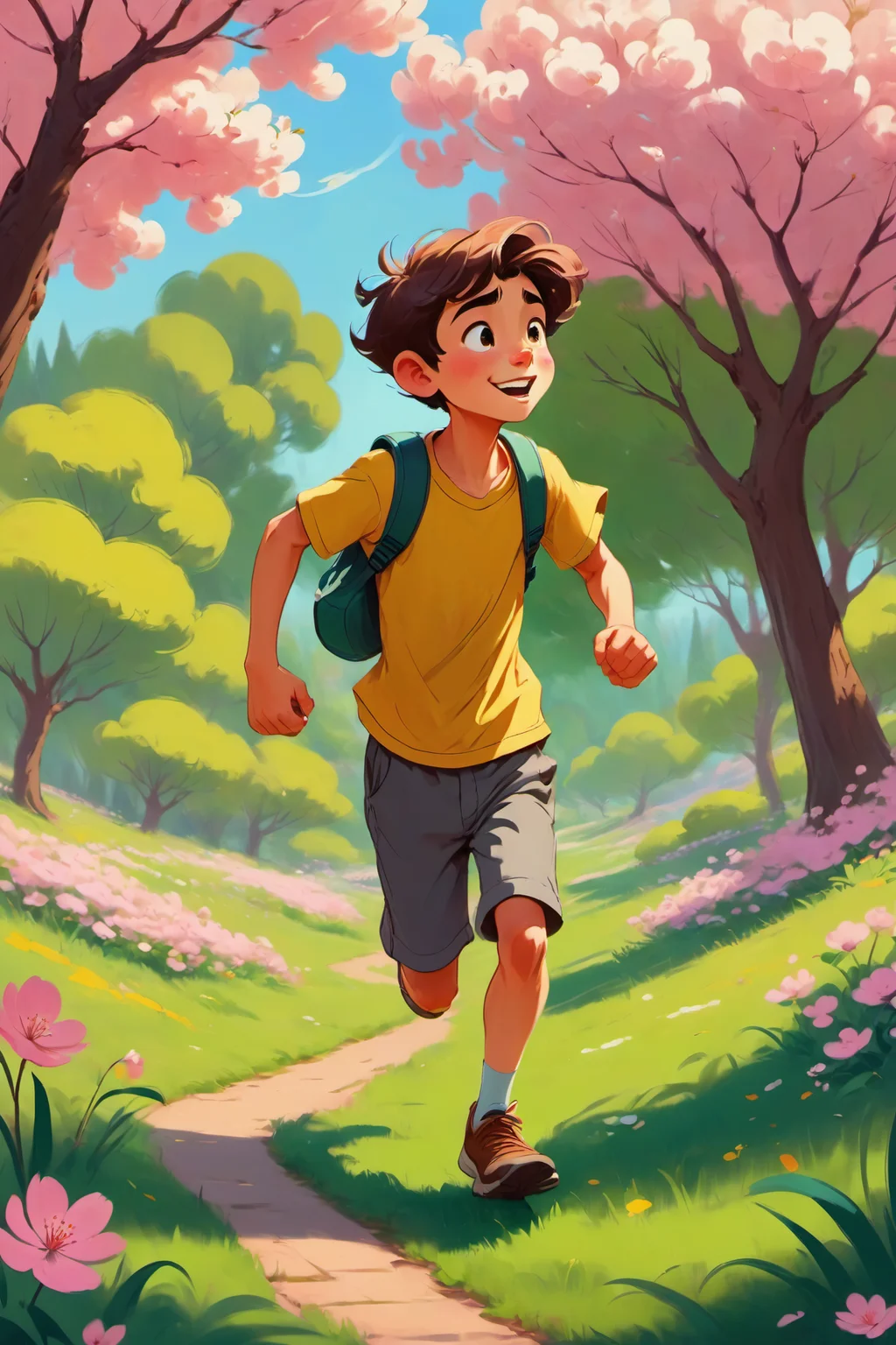 a happy young boy with running in a in a vibrant and picturesque outdoor setting. The boy appears to be in a state of curiosity or surprise, as his eyes are wide and he seems to be gazing intently at something off-frame. His posture suggests movement and he appears to be in mid-step. Surrounding him is a lush and colorful environment filled with blooming pink cherry blossom trees, green grass, white and yellow flowers, and distant green trees under a bright, clear sky. The atmosphere is serene, with the sunlight casting a warm glow over the scene.
<lora:Animated_Concept:0.75>