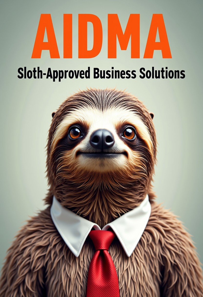 LinkedIn banner image showing a sloth wearing a tie, the text: "AIDMA: Sloth-Approved Business Solutions" in bold, modern typeface.
,aidmaTextImprover