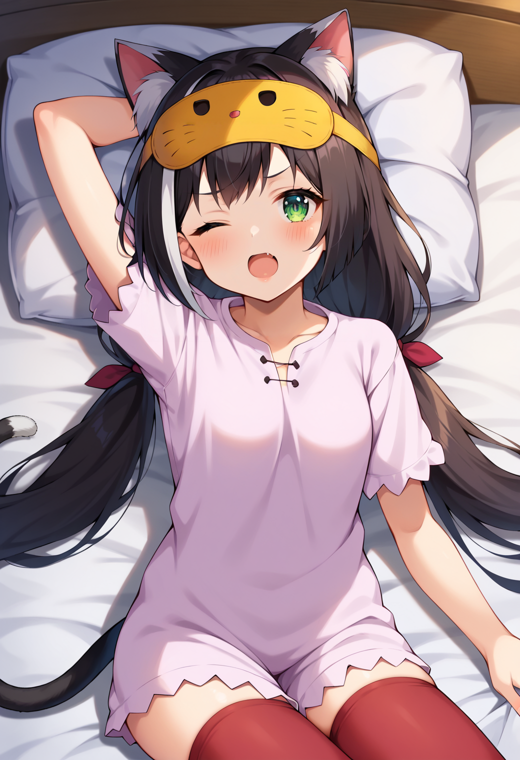 score_9, score_7_up, hd, (ultra hd quality details), source_anime, indoors,
solo, 1girl, kyarubase, streaked hair, cat ears, animal ear fluff, low twintails, cat tail,
calpajamas, mask on head, pajamas, red thighhighs,
looking at viewer, blush, one eye closed, open mouth, fang,
on bed, from above, one arm up,
<lora:_karyl_elesico-pony-e19:0.9>