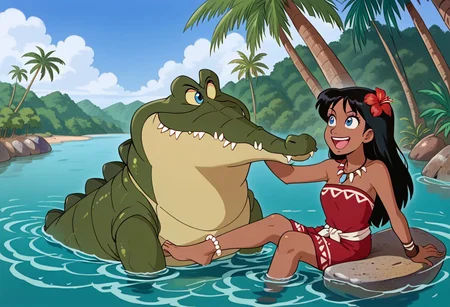 Tick tock crocodile,male animal focus, crocodile open large mouth ,green skin, blue eyes, Tick Tock the crocodile is giant and very huge size,teeth, swimming in water,partially submerged,Tick Tock the crocodile looking at a young Choi mochimazzi who she is sitting on a rock. choim, Kairi ,long hair, black hair, dark-skinned female, tropical,blue eyes,red flowers hair, blue Inca long_dress, jewelry, dark skin,smile,laught,necklace_pearl, bracelet, red tribal tattoo,wristband,anklet, barefoot,open mouth,river,palm trees, jungle tropical, Disney, anime,manga