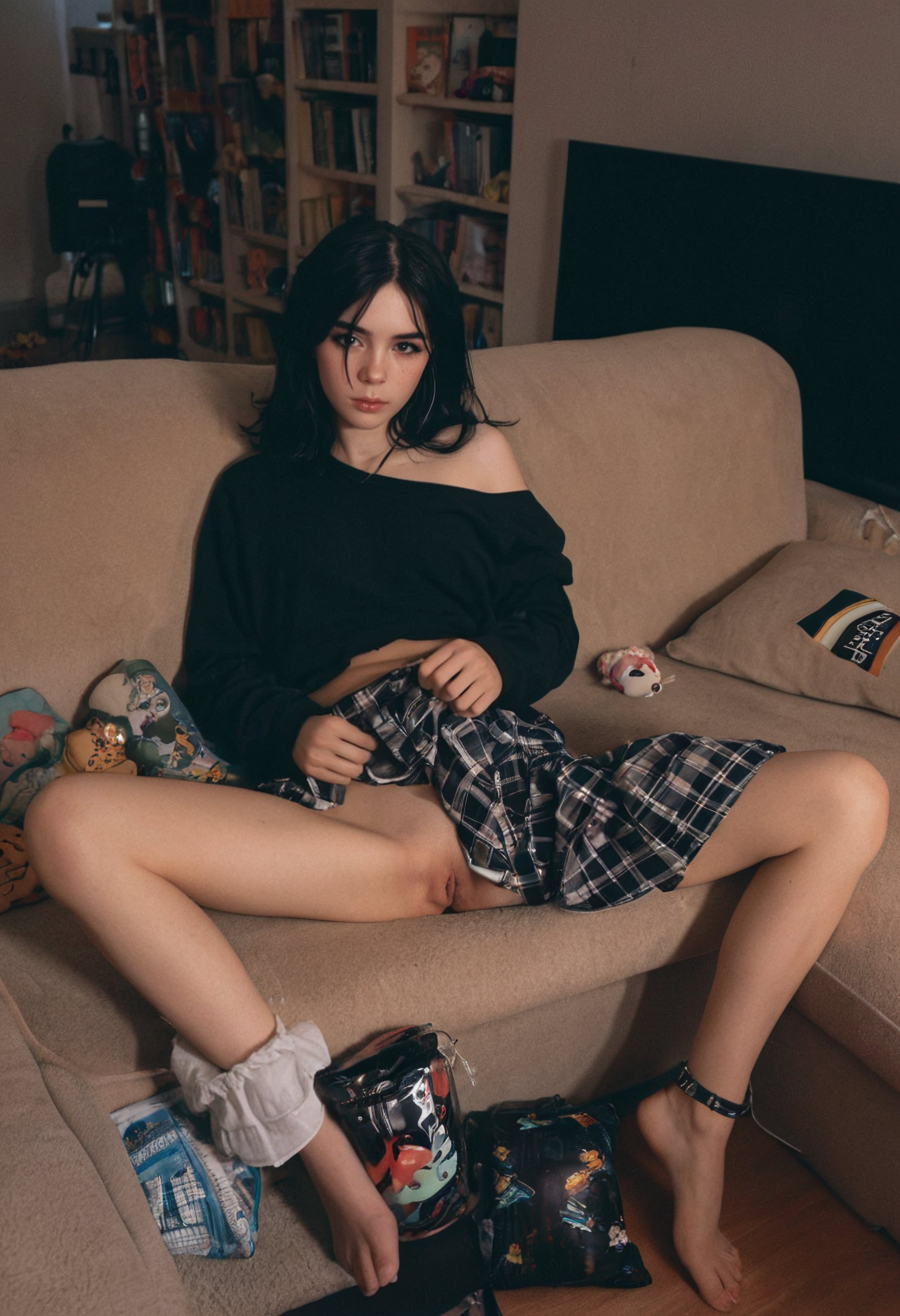 photo-realistic, candid analog photo, soft indoor lighting, harsh flash, visible film grain, emo girl babysitter, asleep on the couch, pale skin, thick eyeliner, lip ring, black zip hoodie (slipped off one shoulder), plaid miniskirt (slightly hiked), lacy bralette strap visible, barefoot, spread legs, smudged makeup, faint blush, resting on a throw pillow, stuffed animal in her arms, snack wrappers, cozy living room background, blanket slipping off her lap, soft vulnerability, cinematic lighting, 35mm disposable camera aesthetic