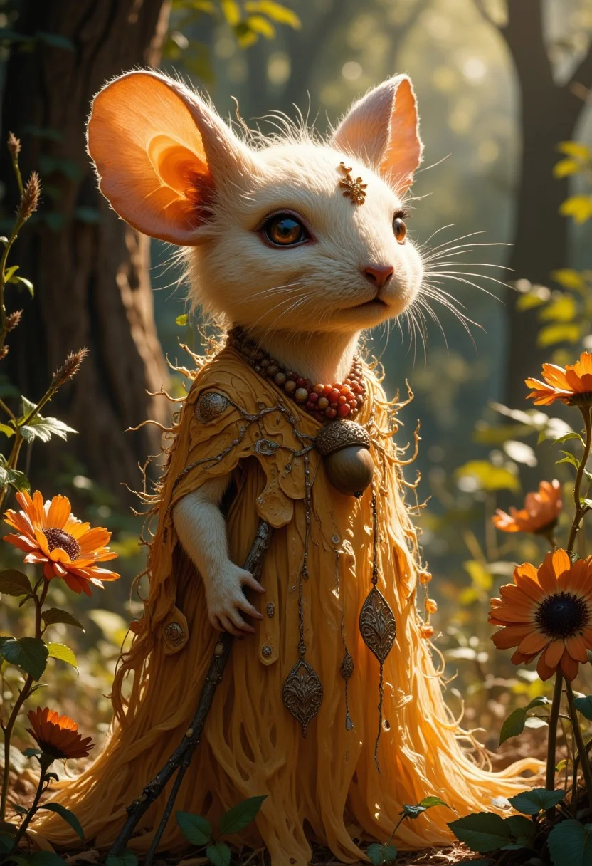 Cornflower: A gentle mouse in a dress of dried flowers and leaves in autumn colors, with a soft glowing fur and an acorn and berry necklace. She is depicted in a serene glade with sunlight filtering through the trees, illuminating her mystical aura.
, live action, in the style of an old 80's VHS dark fantasy, VHS screen grab, grainy, old footage, in the style of an old 80's VHS dark fantasy, VHS screen grab, grainy, old footage