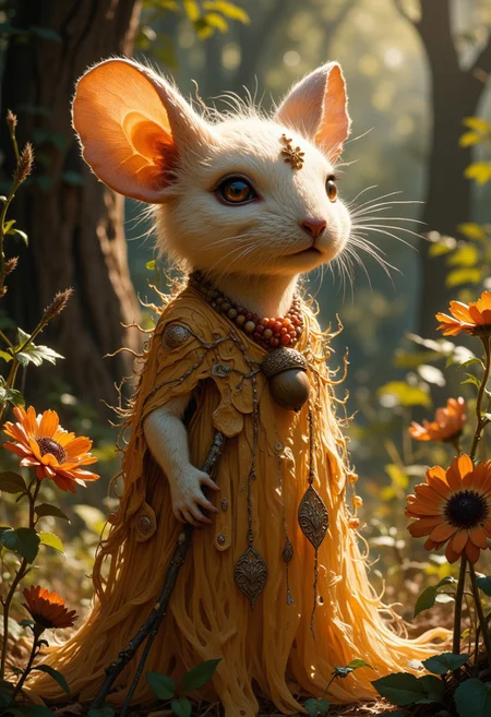 Cornflower: A gentle mouse in a dress of dried flowers and leaves in autumn colors, with a soft glowing fur and an acorn and berry necklace. She is depicted in a serene glade with sunlight filtering through the trees, illuminating her mystical aura.
, live action, in the style of an old 80's VHS dark fantasy, VHS screen grab, grainy, old footage, in the style of an old 80's VHS dark fantasy, VHS screen grab, grainy, old footage