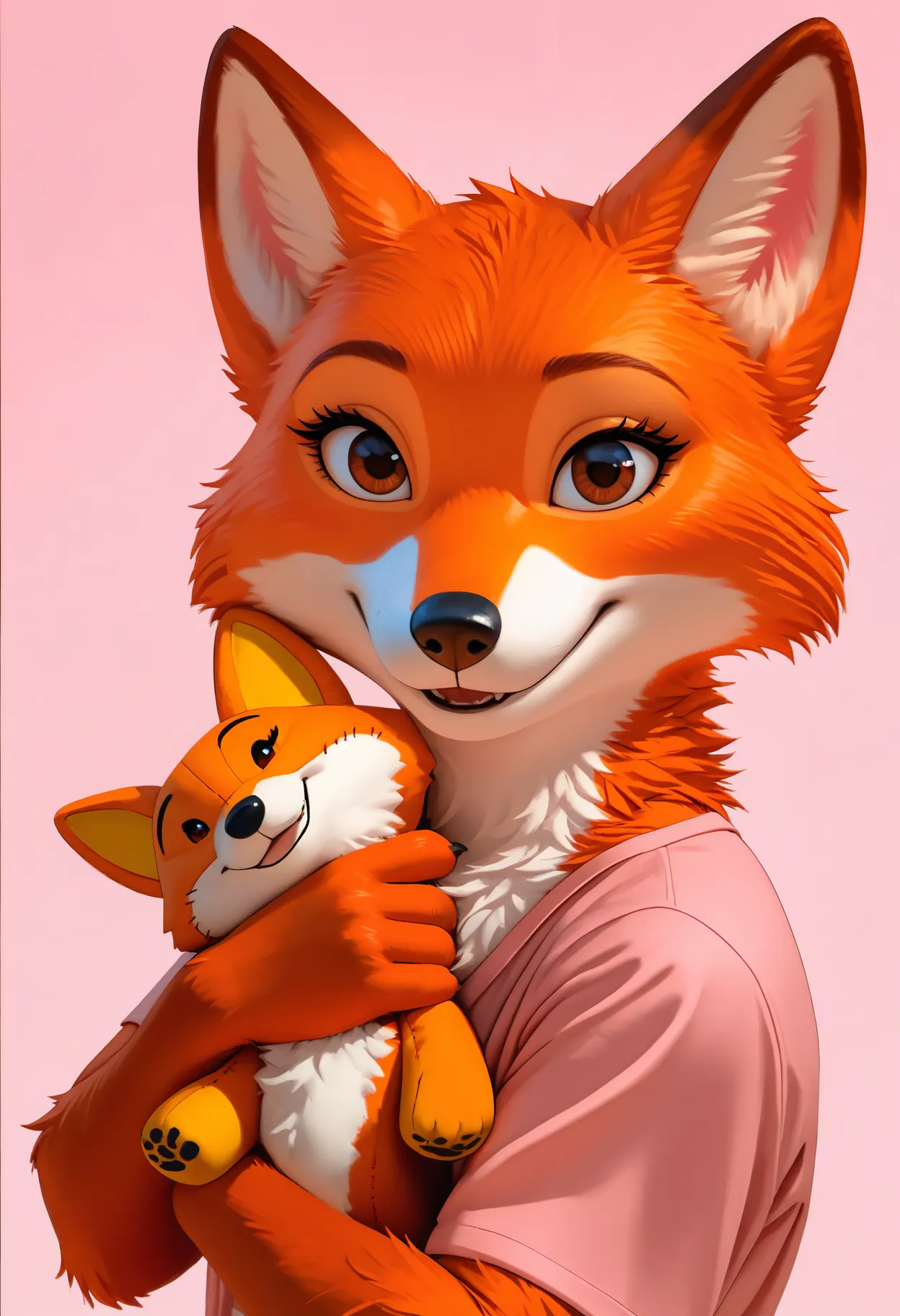 masterpiece, best quality, newest, absurdres, highres, safe, beautiful lighting, detailed, realistic, BREAK,
1girl, solo, marianc, fox, soft shading, female, orange fur, brown eyes, black nose, playful, cute, holding toy, showing toy, face focus, head shot, happy, showing viewer, looking at viewer, proud, holding plushie, from side, from front, pleased, friendly, pink shirt, pink background, fox plush, realistic,
, <lora:Marian_v10Noob3-9s96:0.8>    <lora:noobai_ep11_stabilizer_v0.138_fp16:0.8>