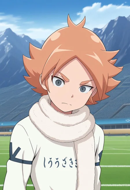 masterpiece,best quality,amazing quality, source_anime, 
FubukiAtsuya, 1boy, male focus, solo, grey eyes, orange hair, scarf, white scarf, alpine soccer unifor, shirt, white shirt,
outdoor, sky, day, clouds,