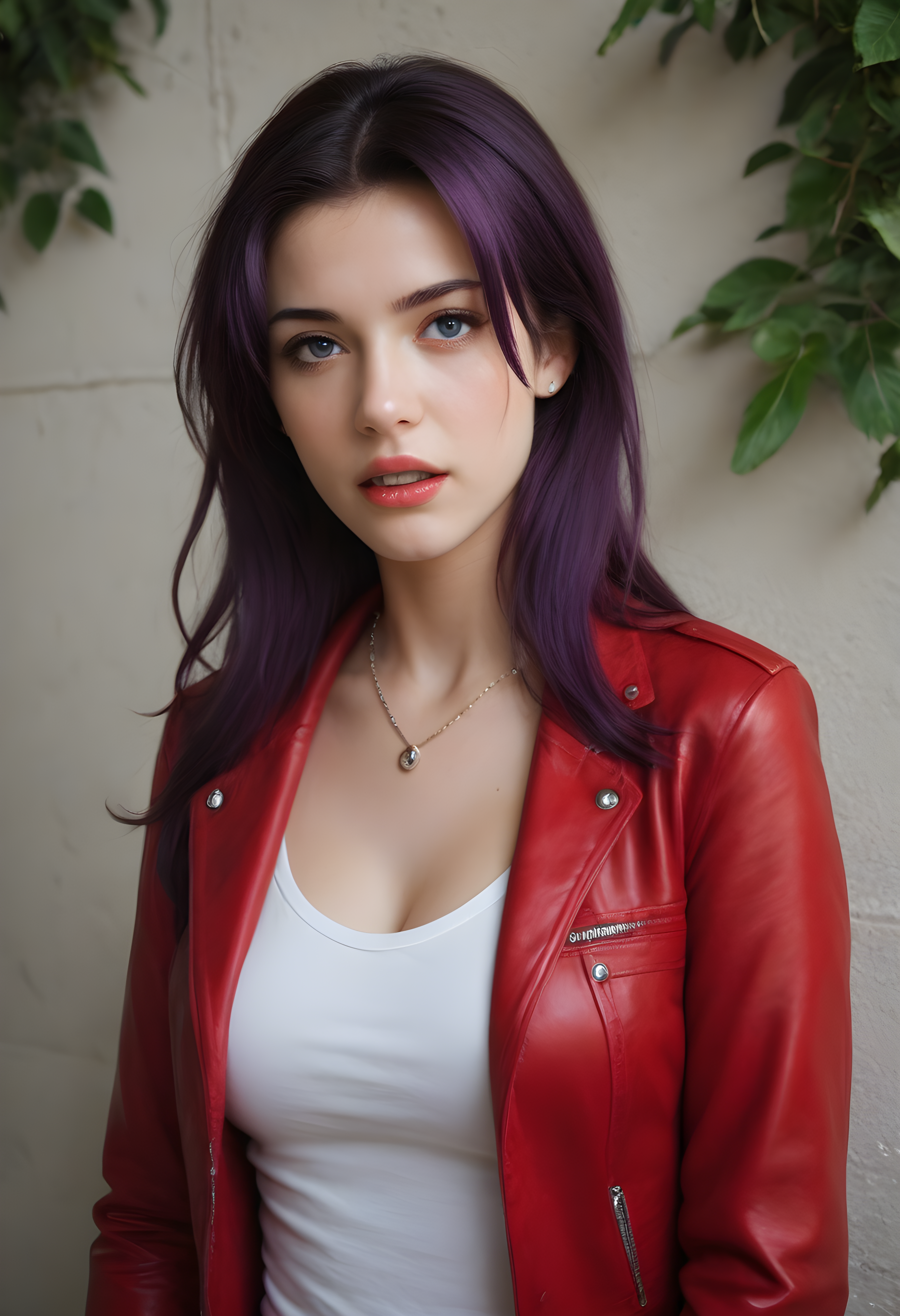 score_9, score_8_up, score_7_up, BREAK, The image shows a woman with purple hair wearing a red leather jacket, standing in front of a wall with a plant in the background. At the bottom of the image, there is text that reads "Nora Fawn Paid". realistic, katsuragi misato, 1girl, solo, long hair, breasts, looking at viewer, open mouth, jewelry, jacket, purple hair, necklace, grey eyes, dutch angle, red jacket, realistic,  photo, real hair, detailed skin, highly detailed, detailed skin, film grain, <lora:zy_AmateurStyle_v2:0.45>