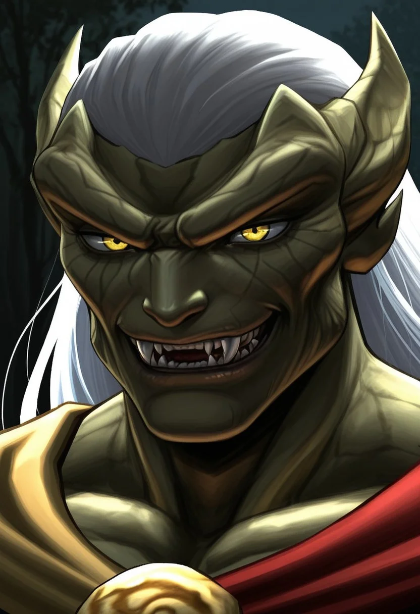 AMAZING QUALITY, MASTERPIECE, 1BOY, PORTRAIT, K41N, WHITE HAIR, YELLOW EYES, SMIRK, FANGS, CAPELET,