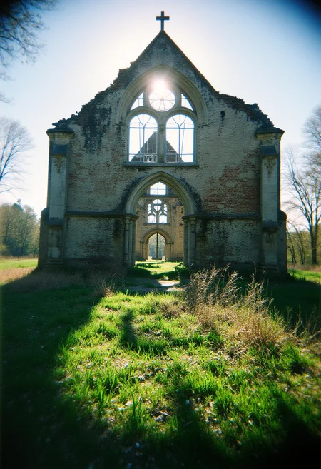 Shot with a Holga camera, A decaying old cathedral in a an overgrown field. The roof has fallen in and wild grasses are growing. The sun shines brightly through broken stained glass windows.