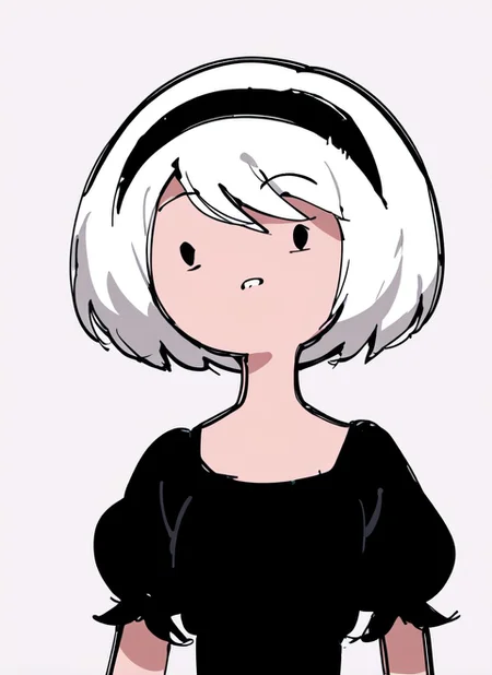 <lora:Adventure_Time_Style_LORA:1>, score_9, score_8_up, score_7_up, , adventure time style, flat color, vector ilustration, (dot eyes), round face, upper body, black dress, 2B , YoRHa No.2 Type B, white hair, short hair