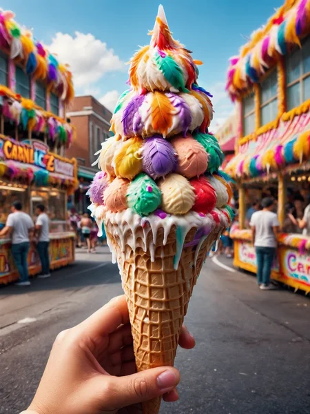 ais-featherz ice cream cone, held in a small hand at a bustling carnival <lora:Feathers_Glue_SDXL:1>