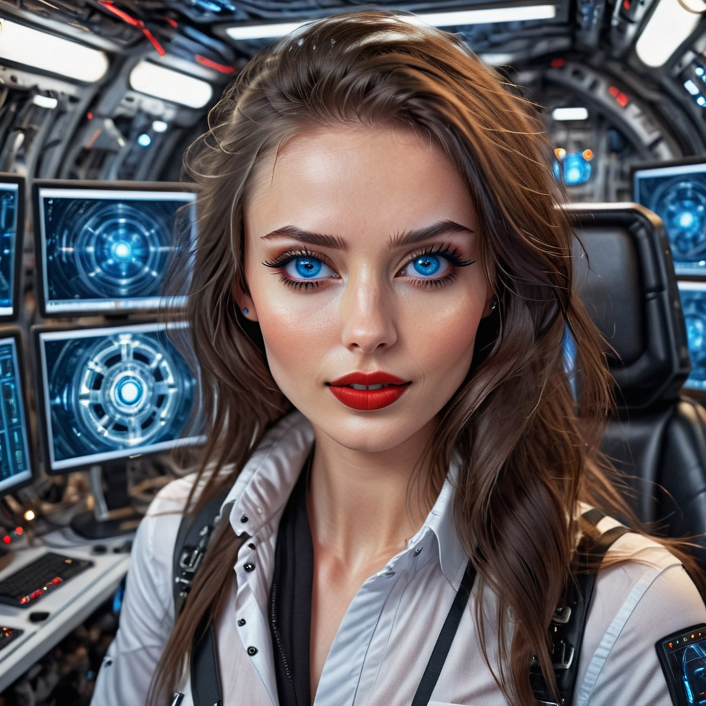 Beautiful brunette with blue eyes in the cockpit of an interstellar time machine, surrounded by robots and computers, cinematic, very realistic
 <lora:Ann4:1>
