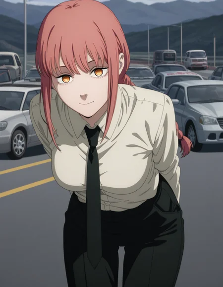 masterpiece, best quality, amazing quality,, <lora:chainsawman-makima-s1-illustriousxl-lora-nochekaiser:1>, makima, makima (chainsaw man), long hair, bangs, yellow eyes, braid, red hair, braided ponytail, ringed eyes, mature female, medium breasts, anime screencap, shirt, long sleeves, white shirt, necktie, collared shirt, pants, black pants, formal, suit, black necktie, shirt tucked in, office lady,, hands behind back, bent over,, road, cars, asphalt, travel, speed, cowboy shot, solo, looking at viewer