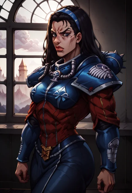score_9, score_8_up, score_7_up, charturnerv2, solo, (side profile facing right),walking through gothic space ship corridor, kwkm, black eyes, black hair, extra long shiny thick hair, blunt bangs, parted bangs, (red & white striped American flag hairband), mole under eye, muscular, muscular female, twintails, (((muscular female))), thick thighs,  (adepta sororitas, wh40k, battle sisters, reflective power armor, black and neon-crimson and light-blue armor), pauldron), thick lips, large breasts, cleavage, head tilted up, stern and disgusted expression on face, (right hand holding hilt of 40kchainsword), (detailed neon lit Gothic Starship corridor with large windows showing surreal landscape outside)