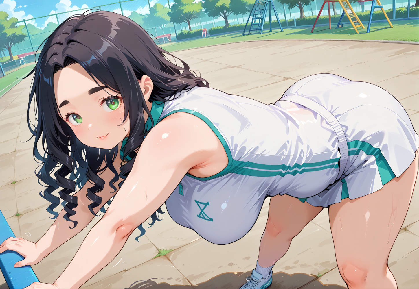 IllusP0s, PonyScores7, source_anime, ah1, IllustriousQual, interesting, exciting, spectacular, wonderful, 
BREAK <lora:xl_more_art-full_v1:0.2>, <lora:aesthetic_anime_v1s:0.2>, <lora:EpicF4nta5yXL:0.2>, <lora:detailxl:0.2>, detailxl, <lora:Fant5yP0ny:0.2>, amazing quality, best aesthetic, absurdres, illustration, Volumetric_Lighting, ultra-detailed, very aesthetic, intricate details, best_quality
BREAK ((Standing with arms stretched out to sides, feet hip-width apart)),
BREAK Stable_Yogis_PDXL_Positives, AS-Adult, <lora:Complicated fantasy portrait - XL Pony V2.0:0.2>, bad-hands-5, <lora:HDA_Detailer:0.3>, <lora:natsumi_style:0.5>, <lora:by_usakun-pony:0.4>, by usakun, <lora:Akina_Bbw_Style_-_PonyXL:0.2>, AkinBw, ((Ground level, (from side), medium distance from viewer, focus on head)),
BREAK 1girl, mature female, (curvy), round-chin, caucasian, <lora:ETO_OC_Illustrius:0.5>, eto_oc, skindentation, (plump), thick thighs, wide hips, busty, voluptuous, <lora:venus body PonyXL:0.3>, <lora:shinyskin2:0.2>, glistening skin, HDA_FatGirlXL, 
BREAK ((<lora:tennis uniform_XL_V1.0:0.8>, tennis outfit)),
BREAK (curly hair), long hair, (black hair:1.4), (parted hair:1.7), messy hair, kinky curls, <lora:hairdetailpxl:0.2>, hairdetailpxl,
BREAK (half green and brown eyes), (colorful eyes), (multicolored eyes), (downturned eyes:1.4), <lora:expressive eyes:0.2>, expressive eyes, <lora:eyedetailpxl:0.2>, eyedetailpxl, <lora:Eyes_High_Definition:0.2>, EyesHD, (round face:1.2), (thick eyebrows:1.3), (plump face), <lora:Round_face:0.2>, lips, 
BREAK ((proud expression)), <lora:Expressive_H:0.2>, Expressiveh, <lora:Emotional_Anime_Expressions_PonyXL_Concept:0.2>, emotional, <lora:Best_Facial_Expression_LoRA_PONY:0.2>, looking at viewer, <lora:Detailed expressive EXEV style -XL Pony V1.0:0.2>, FaceDetail,
BREAK (((public playground, parents watching children play or chatting with each other))), <lora:Background Detailer - SDXL:0.8>, 4k, 8k, Ultra HD, Masterpiece, Best quality, Detailed background, <lora:Add_more_details_V2_XLpony:0.4> full_details,
