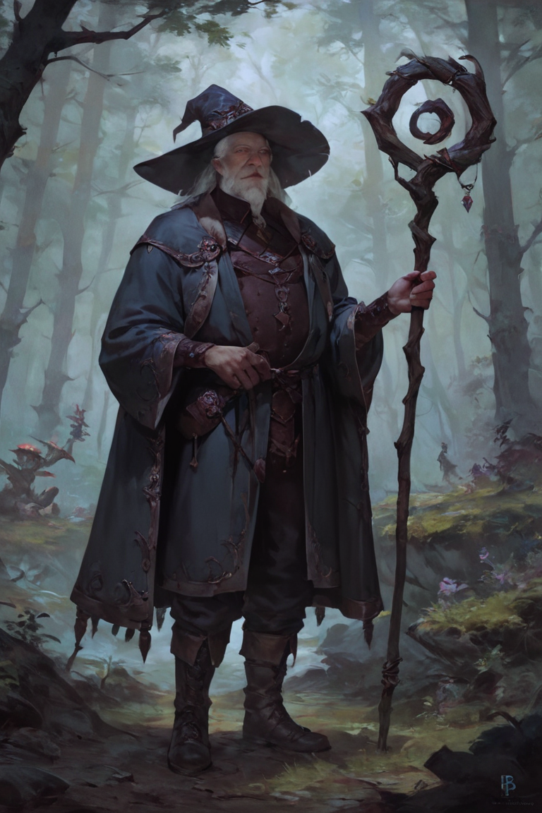 score_9, score_8_up, score_7_up, concept art, realistic, wizard, old, 1boy, old man, male focus, hat, beard, solo, staff, witch hat, facial hair, forest, nature, robe, long hair, looking at viewer, tree, holding, white hair, outdoors, holding staff, boots <lora:Concept Art Twilight Style SDXL_LoRA_Pony Diffusion V6 XL:1>