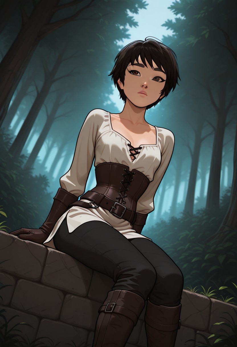 masterpiece,best quality,amazing quality,newest, absurdres, highres, detailed eyes, beautiful, perfect eyes, finely detailed face, very aesthetic, anime coloring, anime screencap, incoth, (incase:0.6), (depth of field)
1girl,  
KimmyDKov, short hair, black hair, brown eyes, slim, small breasts, 
white tunic, long sleeves, leather corset, cleavage, leather gloves, over the knee boots, leather belt, black pants,
 dynamic pose, dutch angle, 
medieval setting, forest,